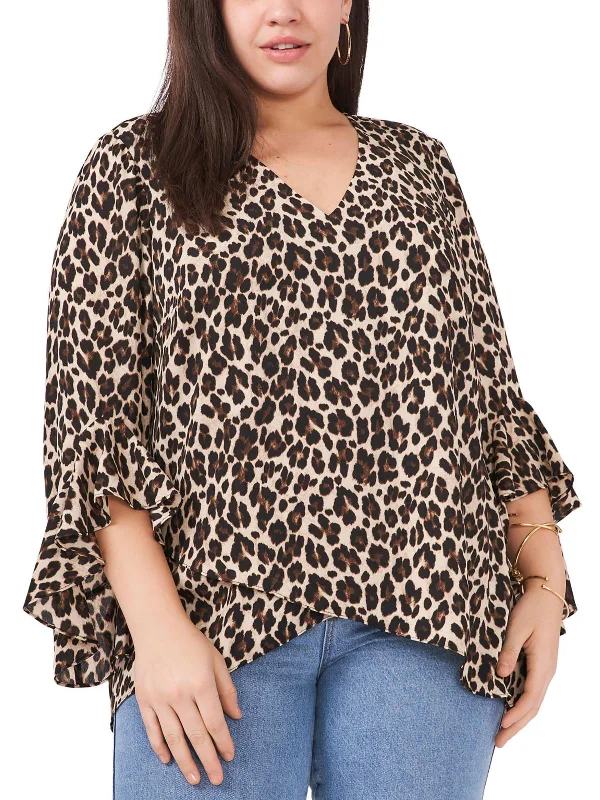 Plus Womens Animal Print V-Neck Blouse