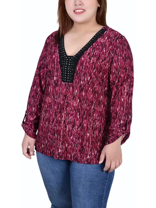 Plus Womens Printed V Neck Blouse