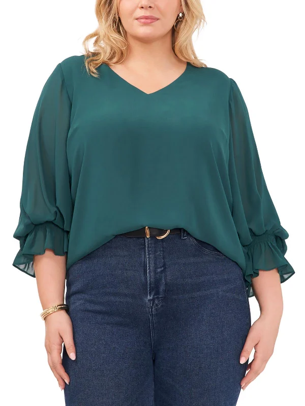 Plus Womens V-Neck Ruffle Sleeve Blouse