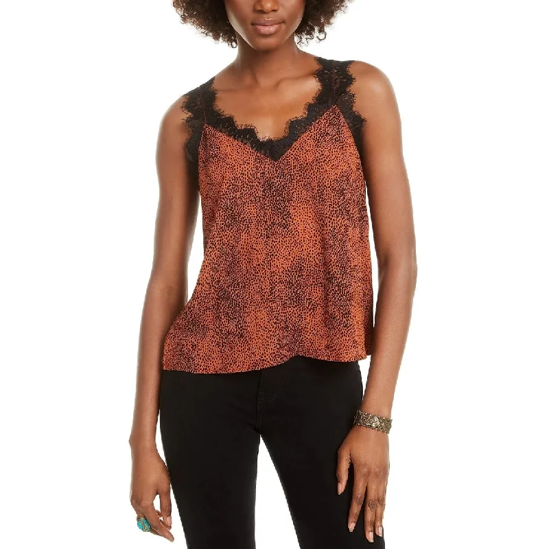 Q & A Women's Lace Animal Print Spaghetti Strap V Neck Top Orange Size Large