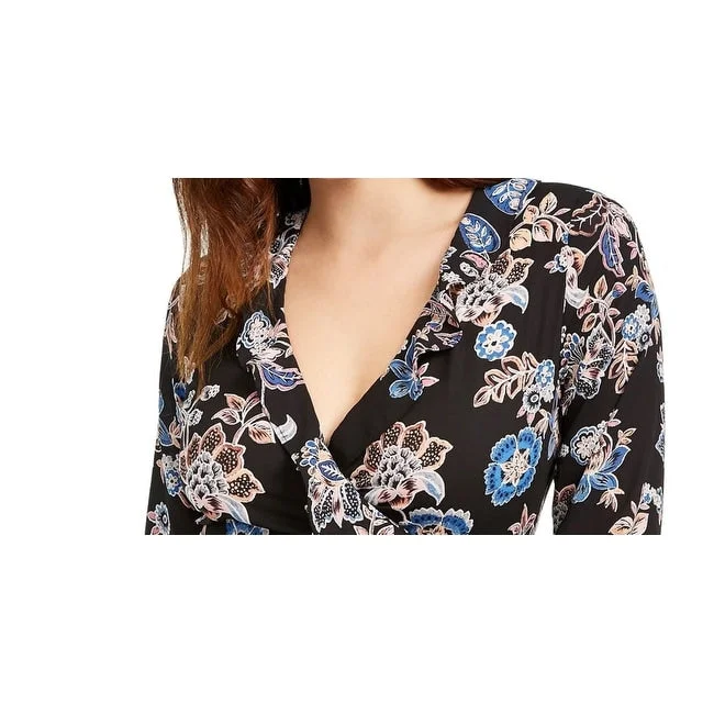 Q & A Women's Los Angeles Floral Long Sleeve V Neck Top Black Size Small