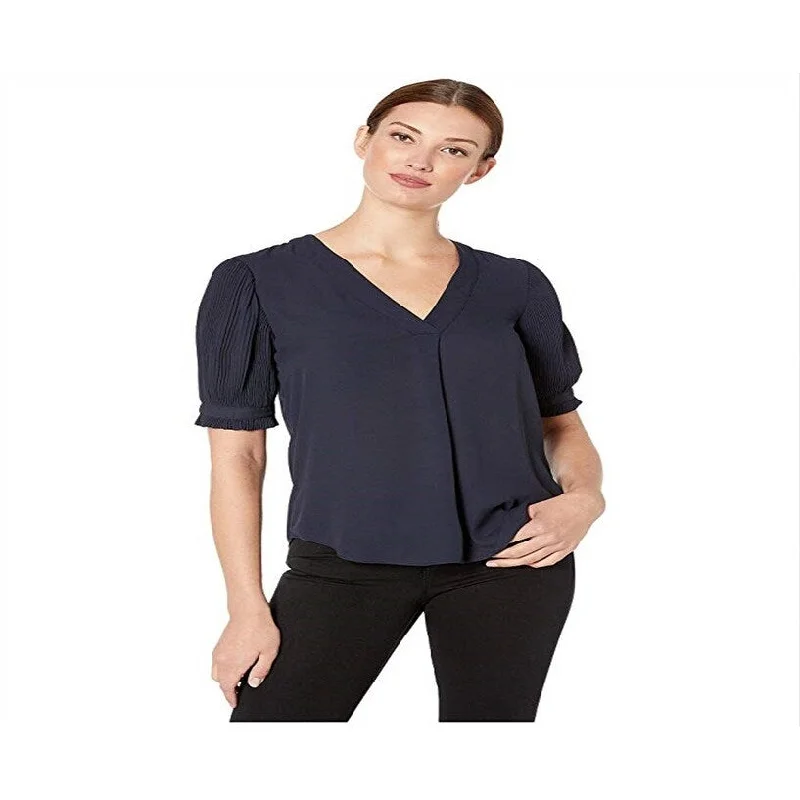 Ralph Lauren Women's Kierma V Neck Pleated Blouse Blue Size Small