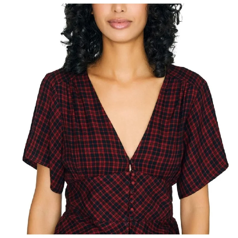 Sanctuary Women's Plaid V Neck Blouse Black Size X-Large