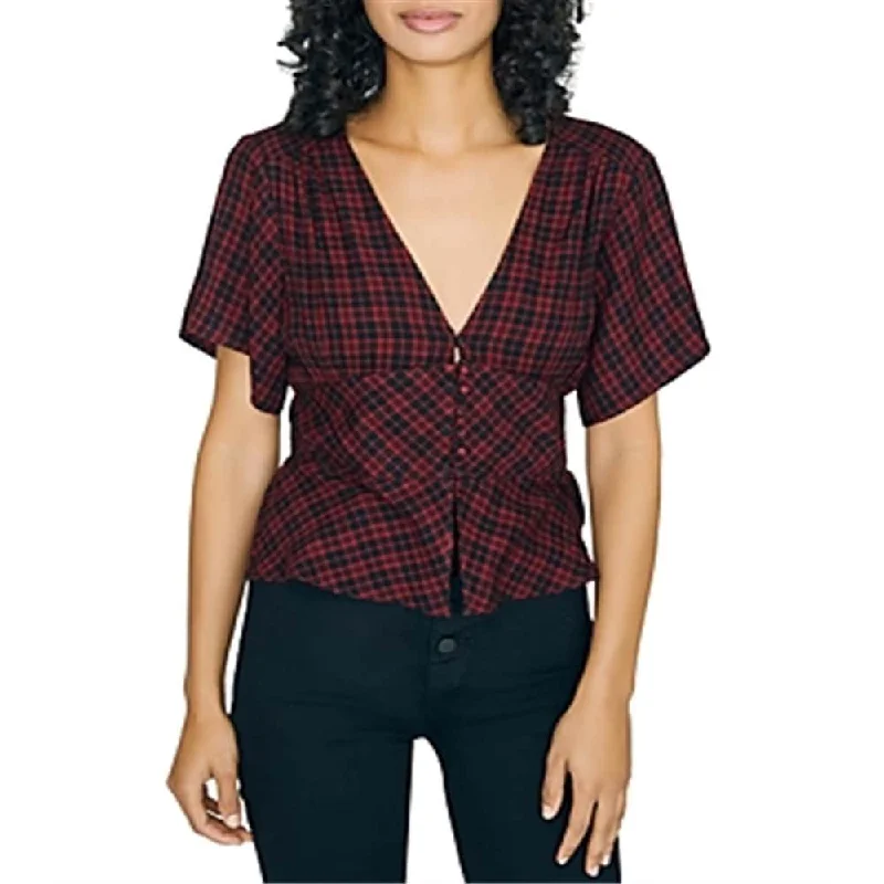 Sanctuary Women's Plaid V Neck Top Red Size Medium