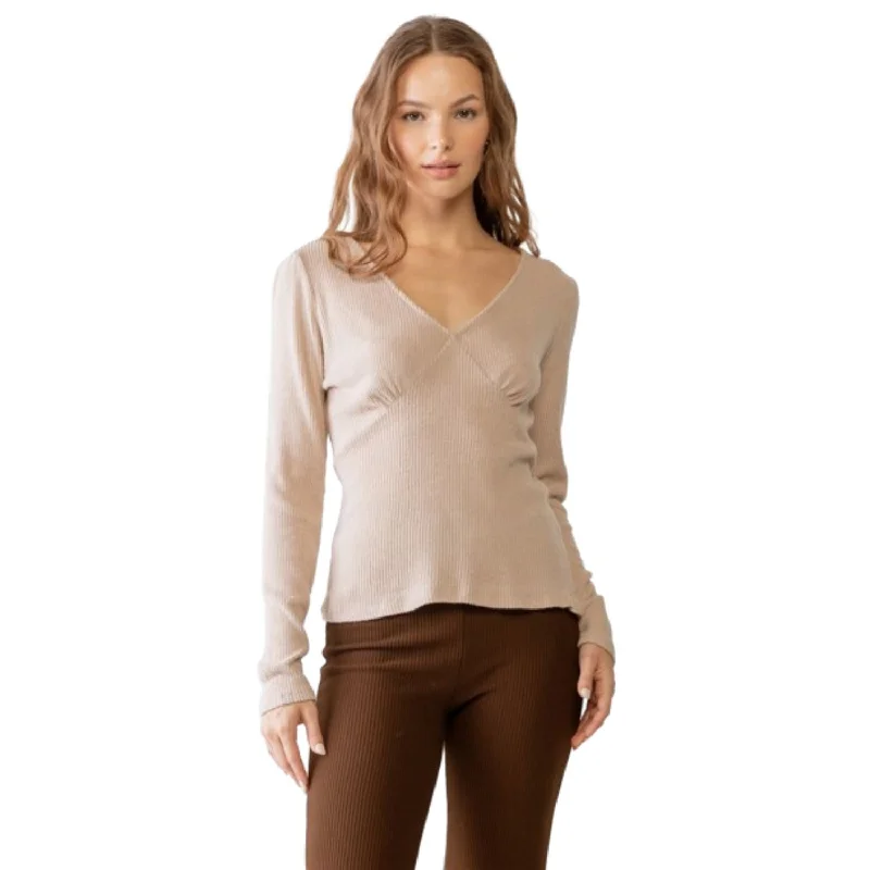 Sand Ribbed V-neck Long Sleeve Soft To Touch Top