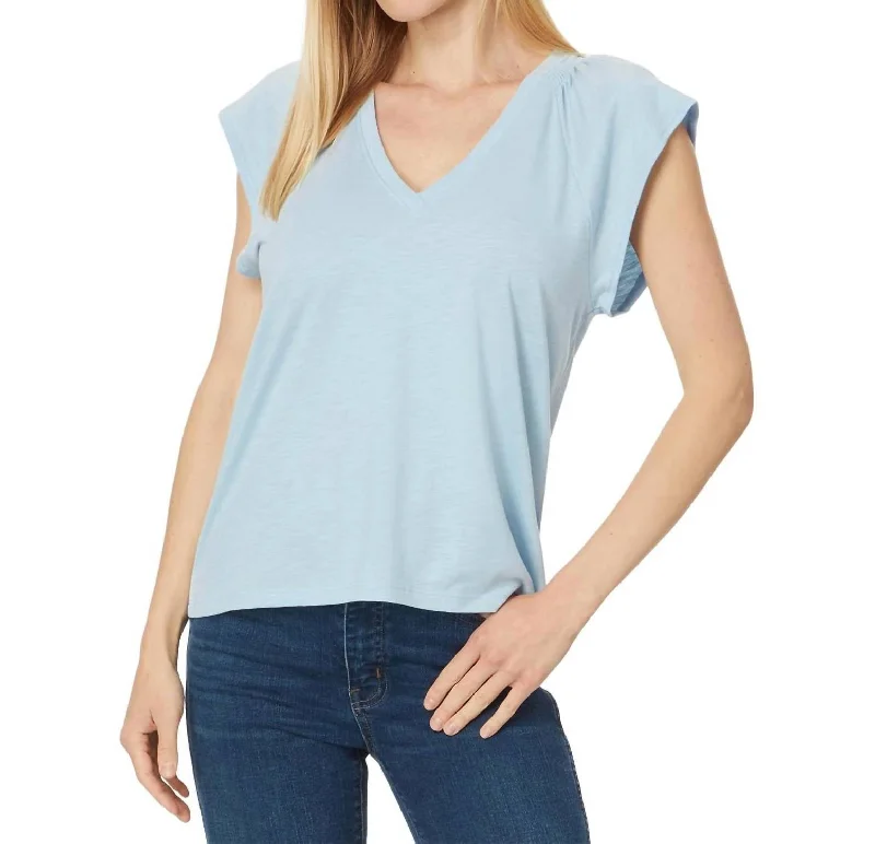 Shirred Shoulder V-Neck Shirt In Crystal