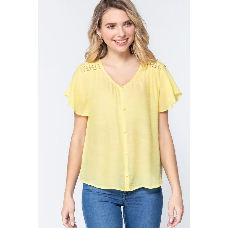 Short Ruffle Slv V-neck Woven Top