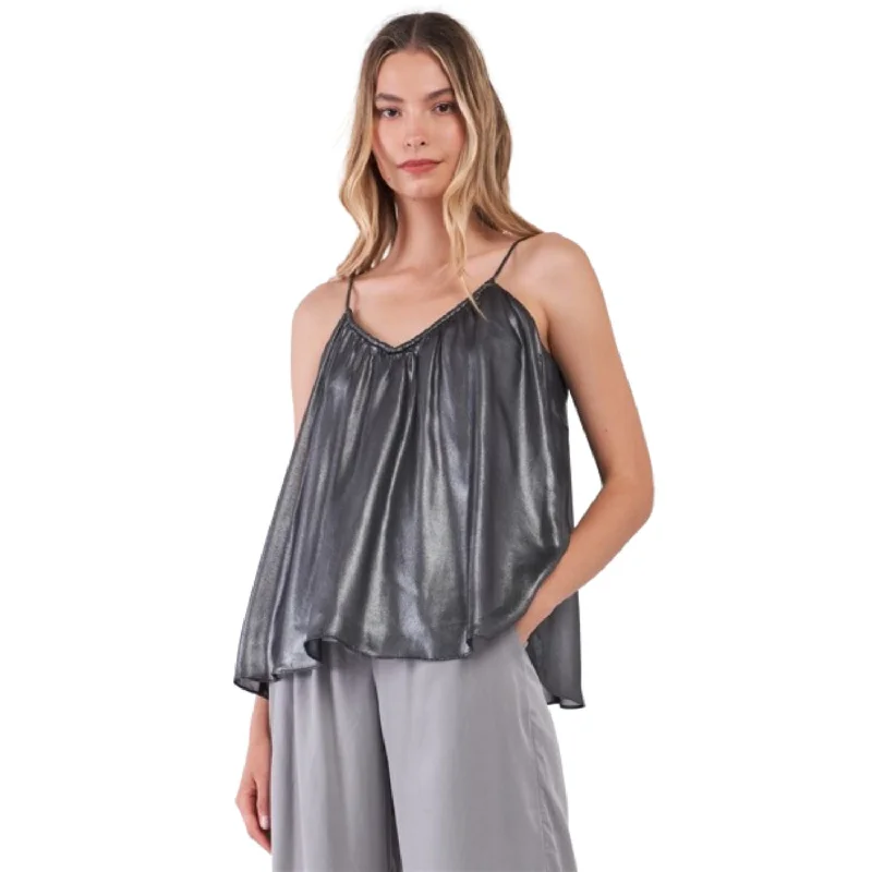 Silver Black Soft V-neck Sleeveless Gathered Loose Fit Top