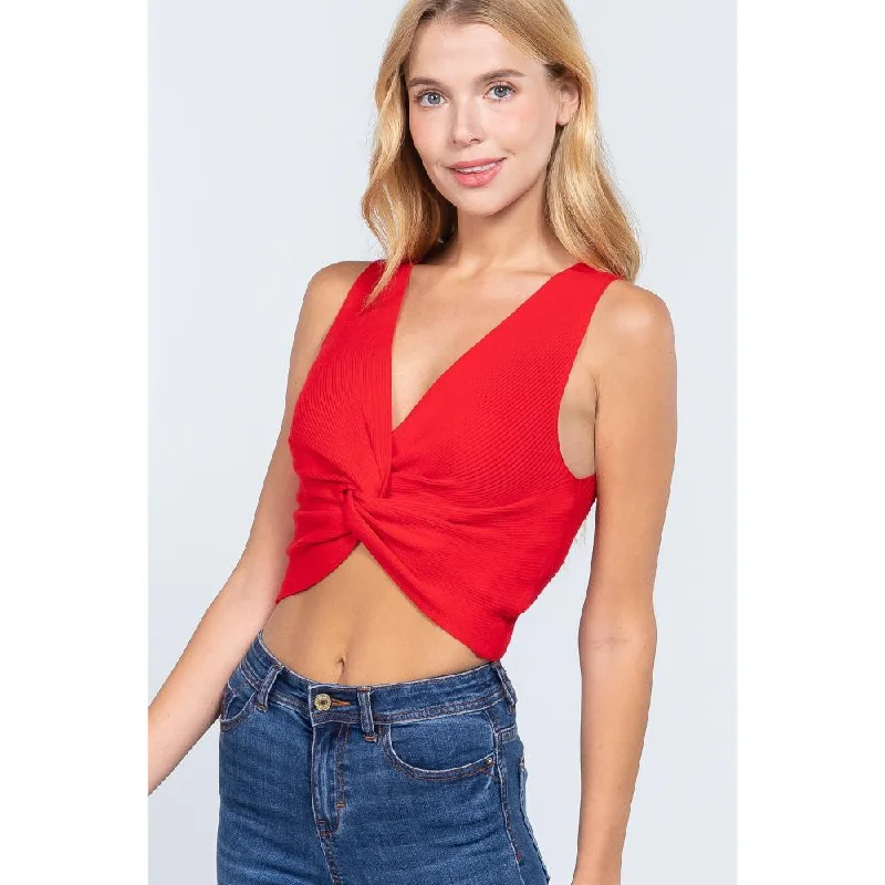 Sleeveless V-neck Twist Knot Knit Top