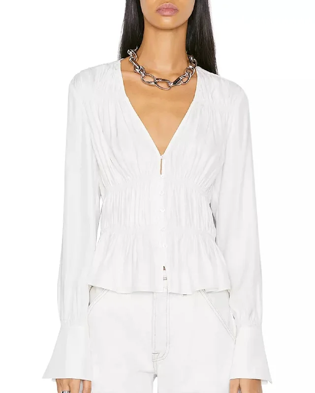 Smocked V Neck Button-Down Top In White