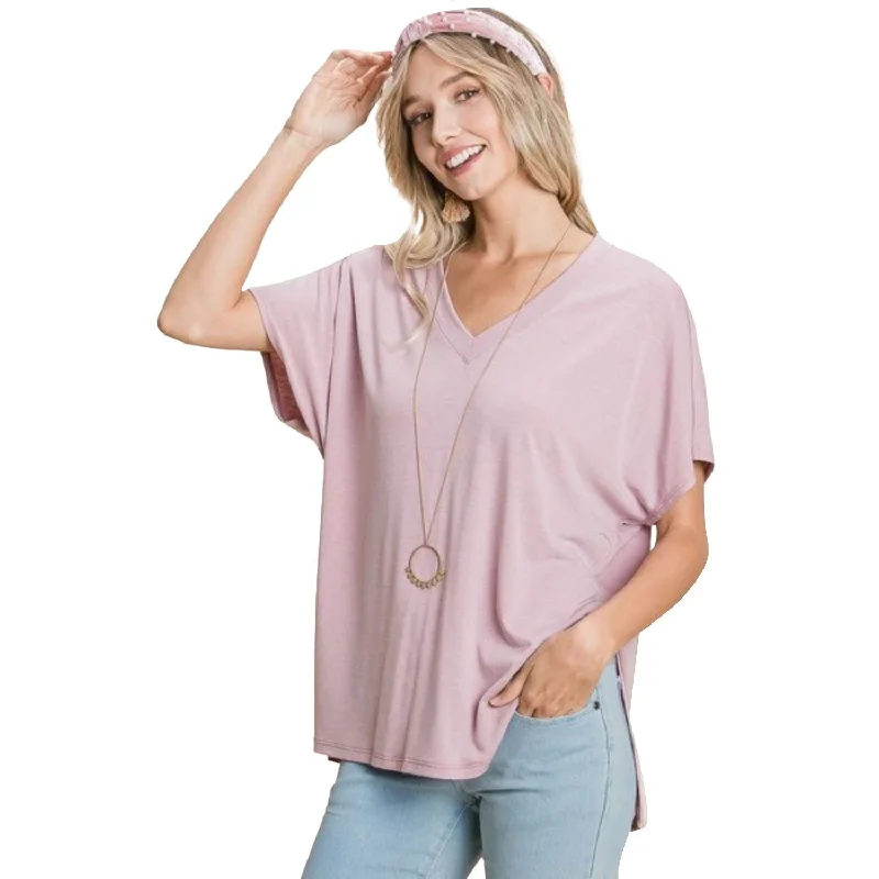 Solid V Neck Casual And Basic Top With Short Dolman Sleeves And Side Slit Hem