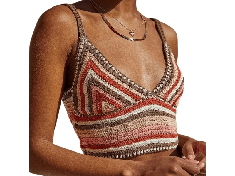 Retro Striped Knitted Halter Crop Tops Spaghetti Straps