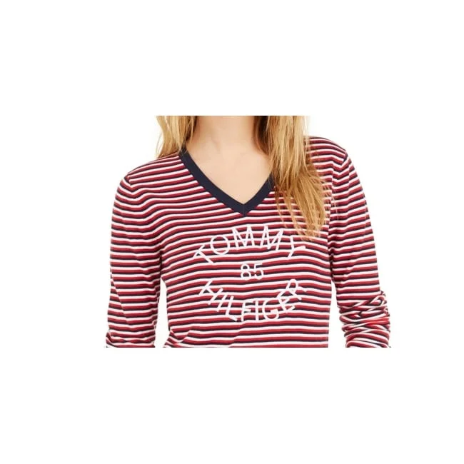 Tommy Hilfiger Women's Cotton Striped V Neck Sweater Navy/Red Size X-Large