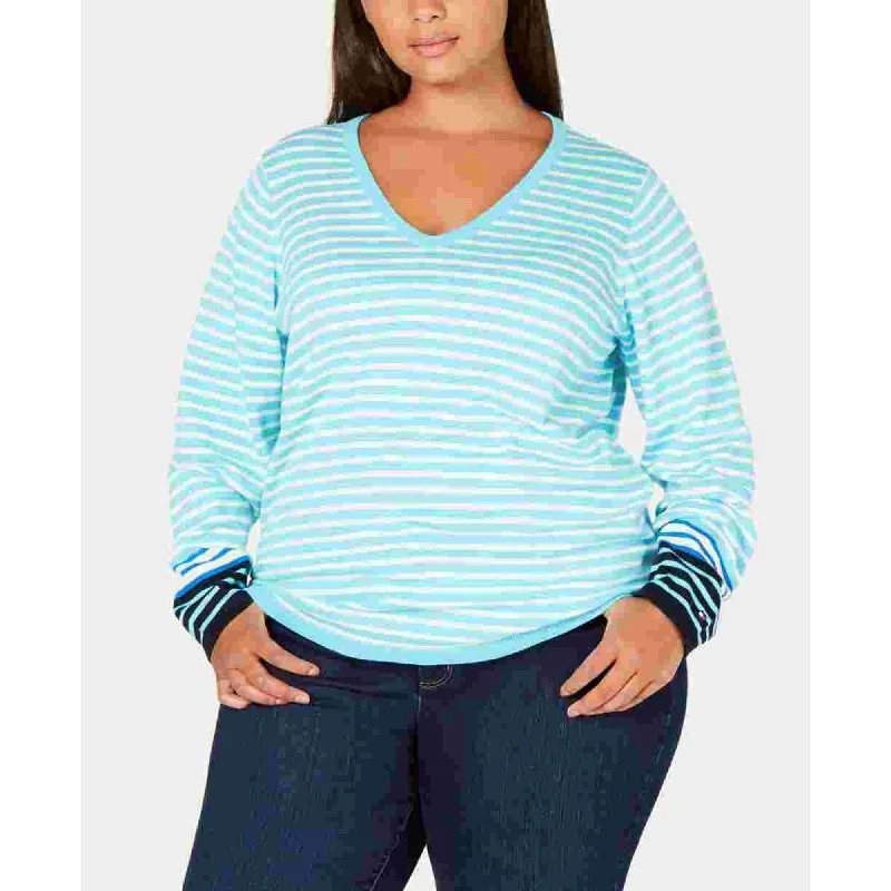 Tommy Hilfiger Women's Plus Cotton Striped V Neck Sweater Blue Size 0X