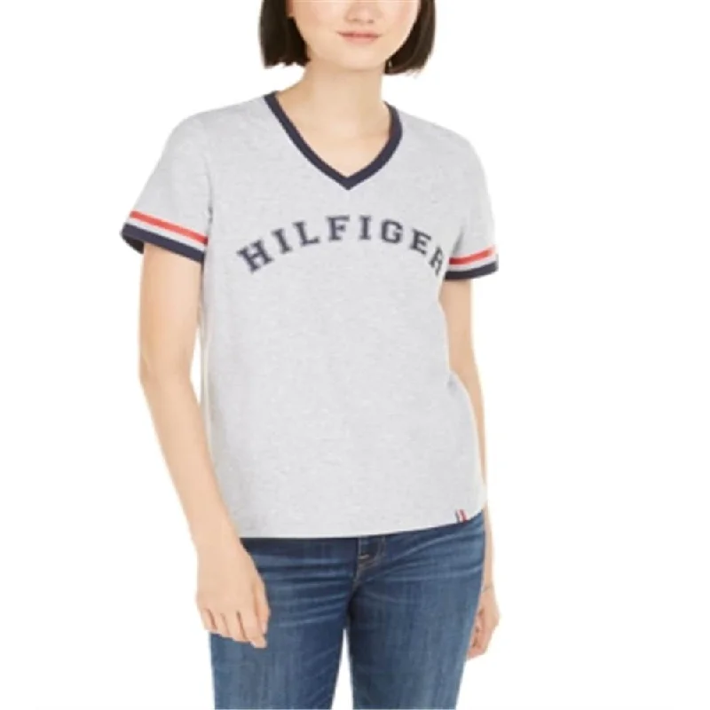 Tommy Hilfiger Women's Sport V Neck Graphic T-Shirt Silver Size X-Large