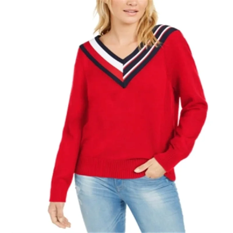 Tommy Hilfiger Women's Striped V Neck Sweater Red Size XX-Large