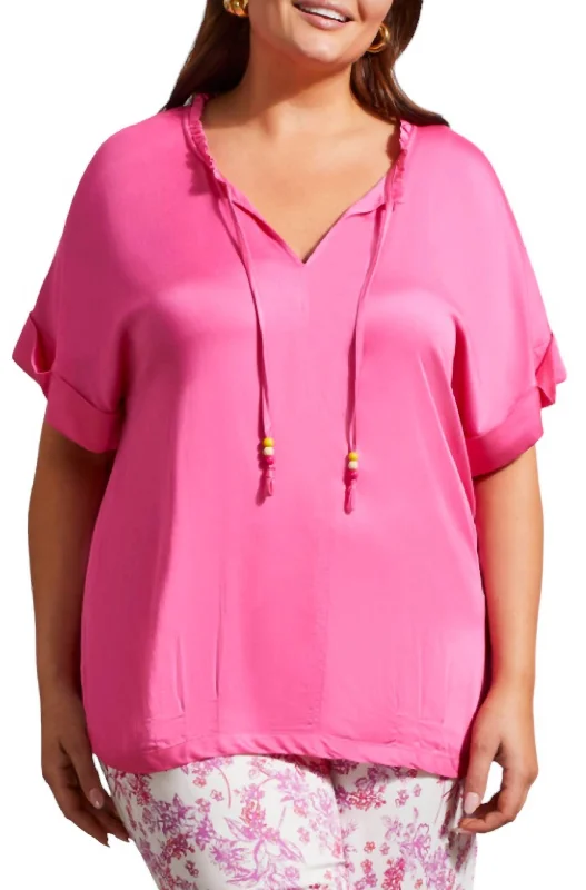 V-Neck Blouse With Beads In Hi Pink