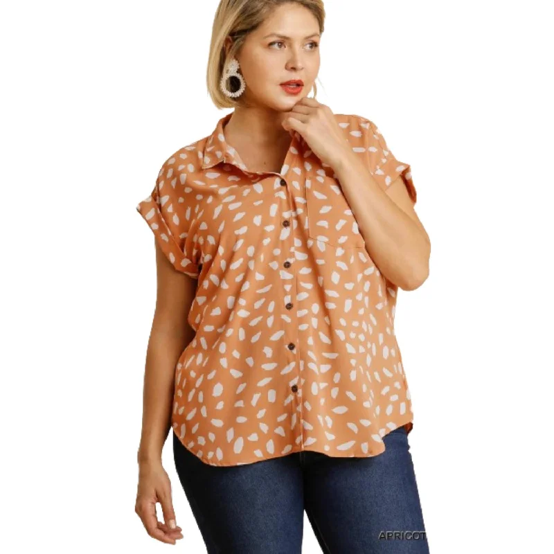 V-neck Dalmatian Print Button Front Top With Pocket Detail