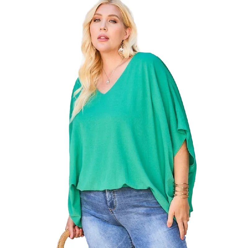 V Neck Dolman Sleeves Front Waist Elastic Solid Top