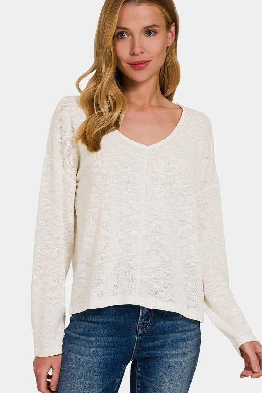 V-Neck Dropped Shoulder Long Sleeve T-Shirt