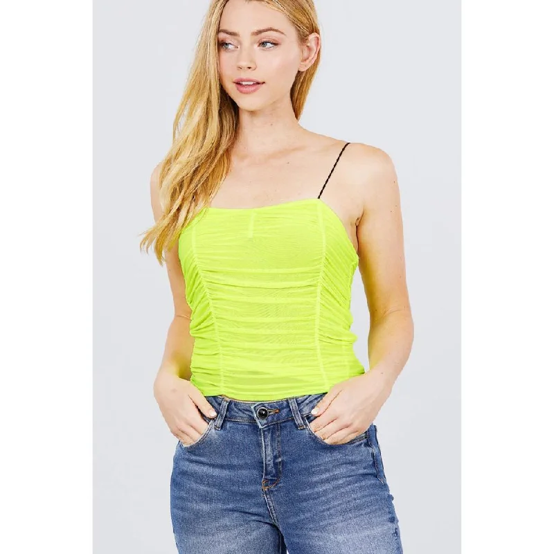 V-neck W/shirring Detail Elastic Strap Mesh Cami Top