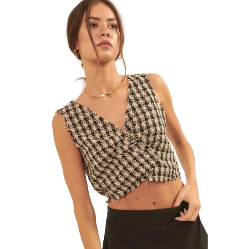 V Neckline Plaid Woven Vest