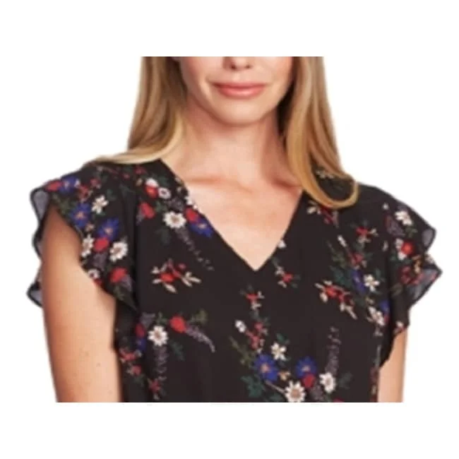 Vince Camuto Women's Blouse Floral Flutter Sleeve V-Neck Black Size Xxs