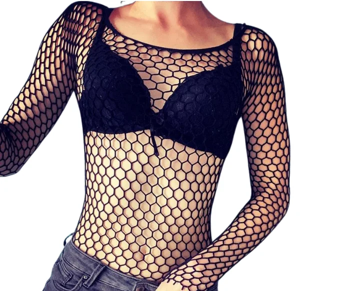 Womens Fishnet Mesh See-Through Black Shirt Pretty Hollow