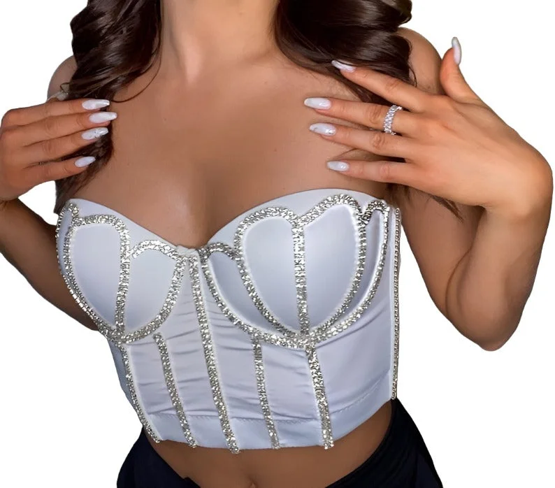 Womens Glitter Diamante Crop Top Pretty Push-Up Bustier