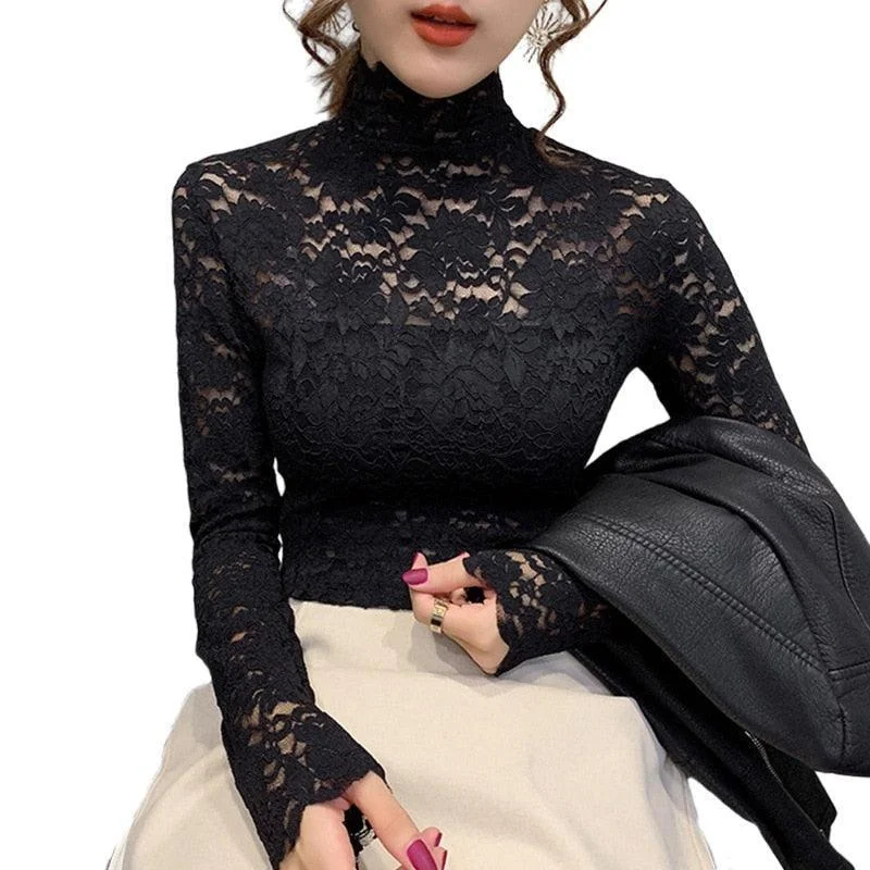 Womens High-Neckline Lace Tops In Multiple Colors