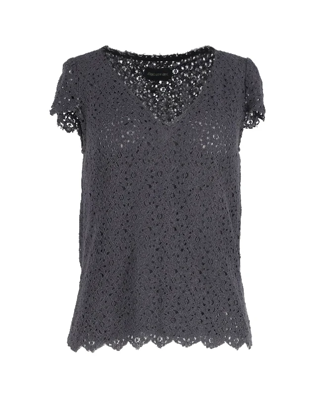 Zadig & Voltaire V-Neck Lace Top in Grey Cotton