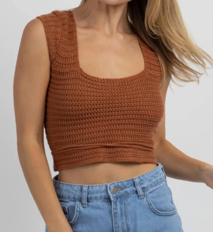 Crochet Cross-Tie Crop Top In Camel