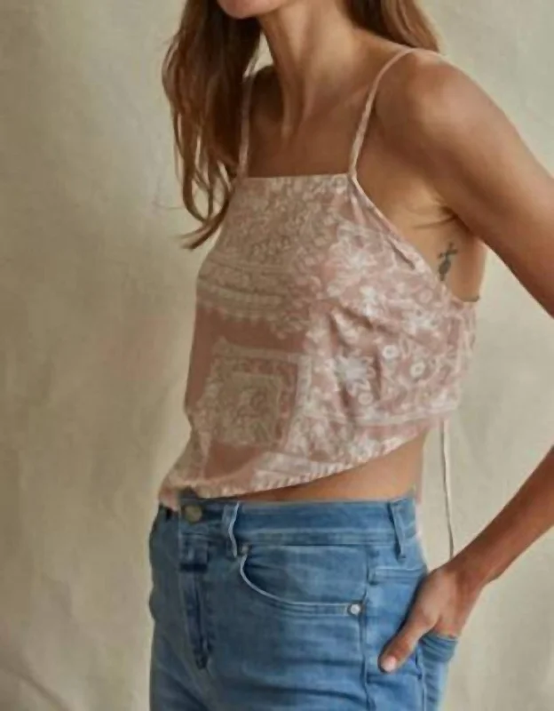 Cropped Spaghetti Strap Tie Top In Mauve And Ivory