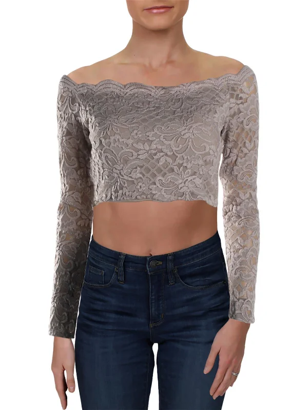 Juniors Womens Lace Glitter Crop Top