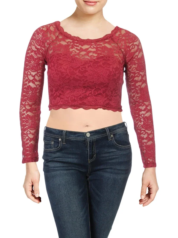 Juniors Womens Lace Glitter Crop Top