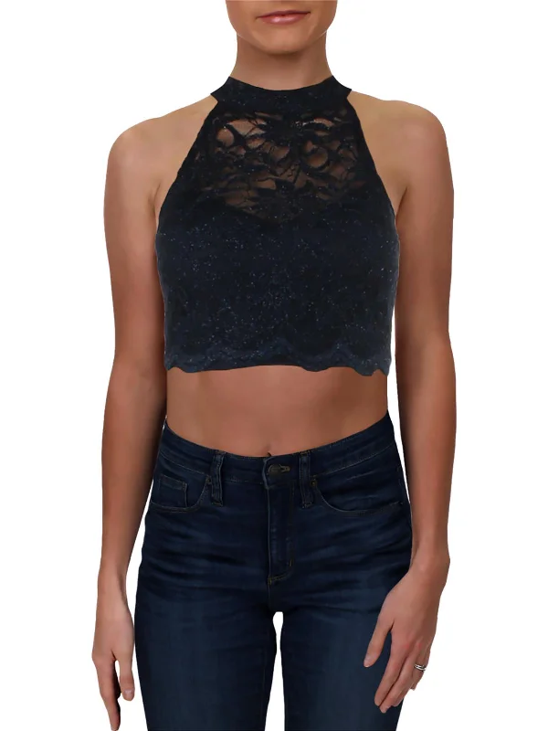 Juniors Womens Lace Glitter Crop Top