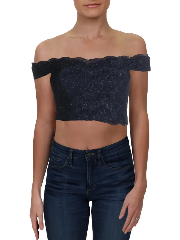 Juniors Womens Lace Glitter Crop Top