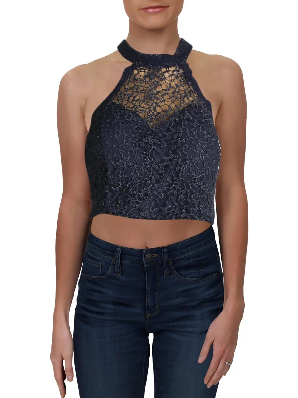 Juniors Womens Lace Metallic Crop Top