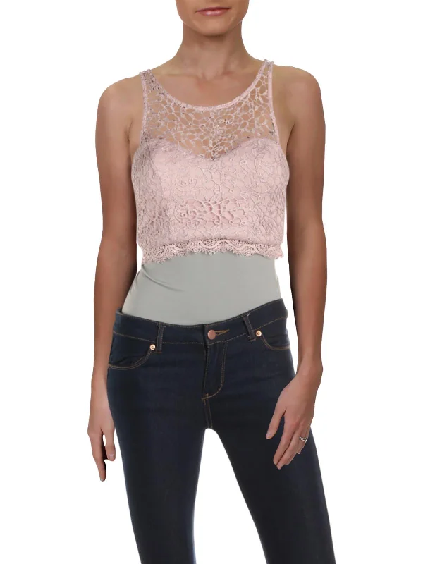 Juniors Womens Lace Metallic Crop Top