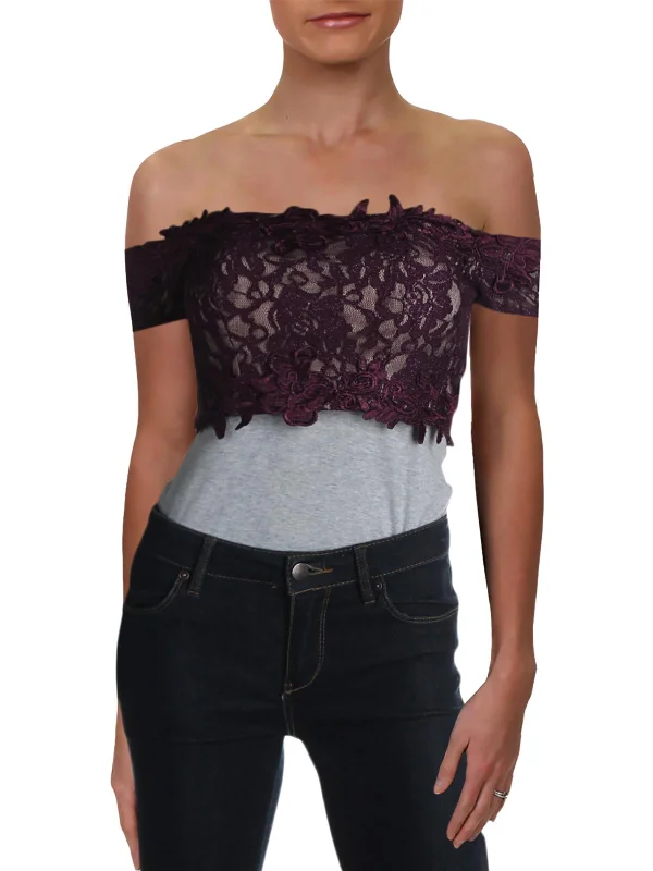 Juniors Womens Lace Off-The-Shoulder Crop Top