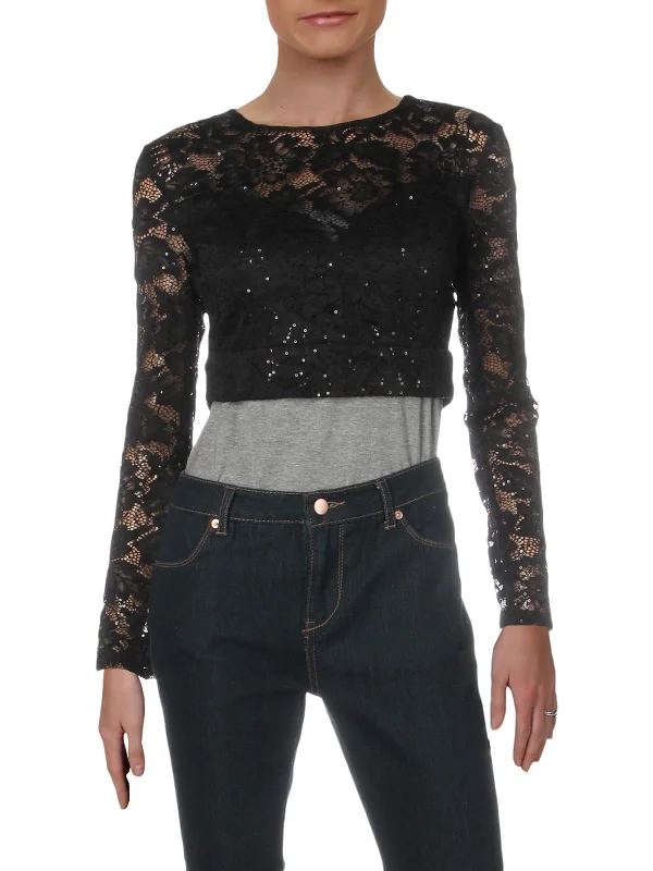 Juniors Womens Lace Sequined Crop Top