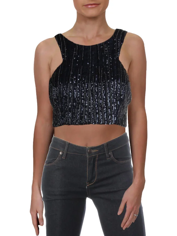 Juniors Womens Sequined Sleeveless Crop Top