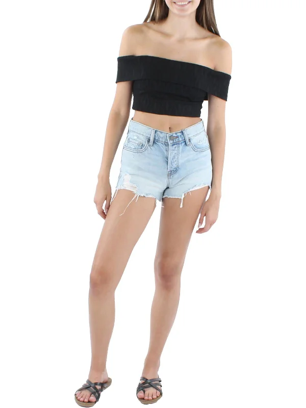 Juniors Womens Woven Off-The-Shoulder Cropped