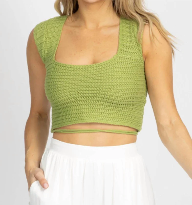 Knit Cross-Tie Back Crop Top In Pistachio Green