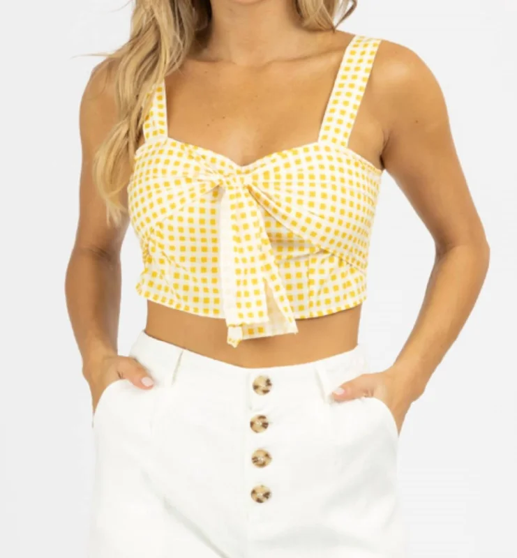 Plaid Knotted Crop Top In Yellow