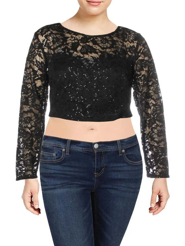 Plus Womens Lace Sequined Crop Top