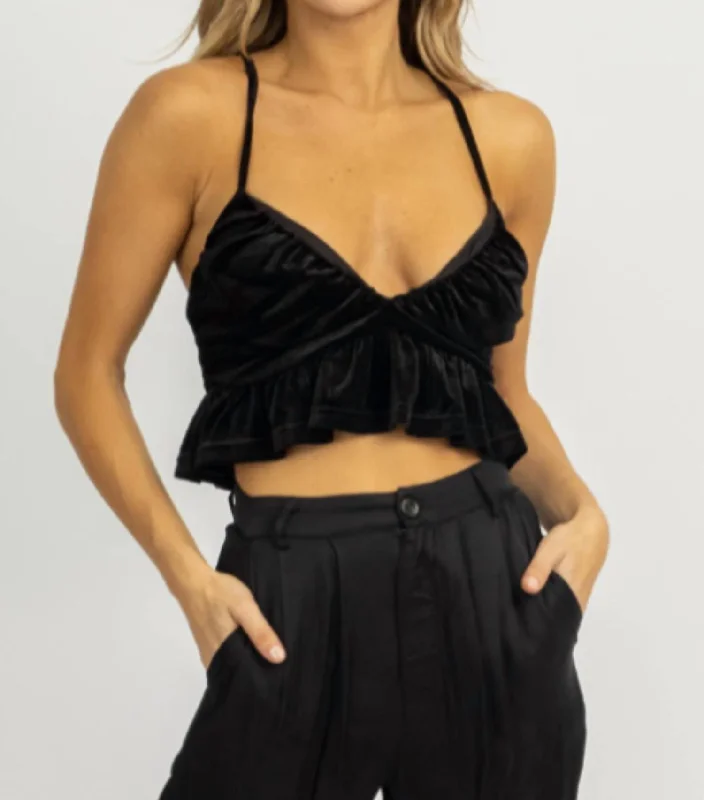 Ruched Cropped Top In Black Velvet