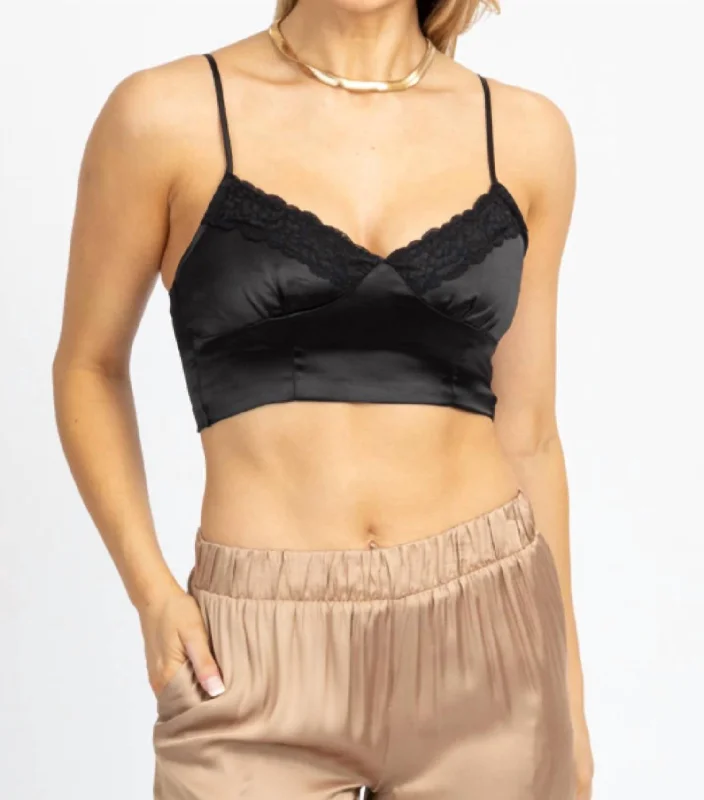 Satin Lace Crop Tank In Black