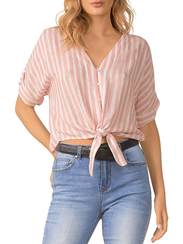 Womens Button Up Tie Front Cropped