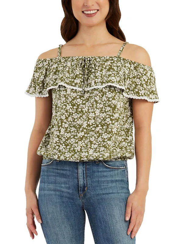 Womens Crinkled Lace Trim Cropped